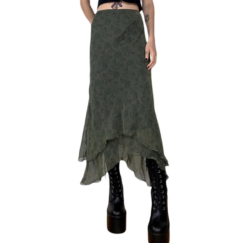 Female Midi Skirt, Adults Floral Print High Waist Ruffled Skirt Summer Dress for Women, Army Green, S M L