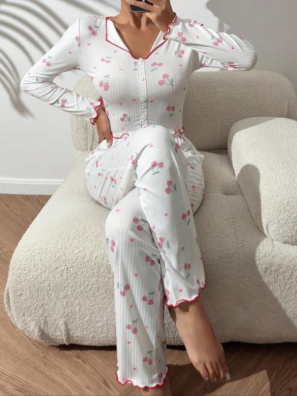 2 Piece Set Women's Cherry Print Lettuce Trim Pyjama Set, Collar V Neck Button Decor Crop Top & Bow Front Pants Pj Sets for Women, Comfy Sleepwear Set for Spring & Fall