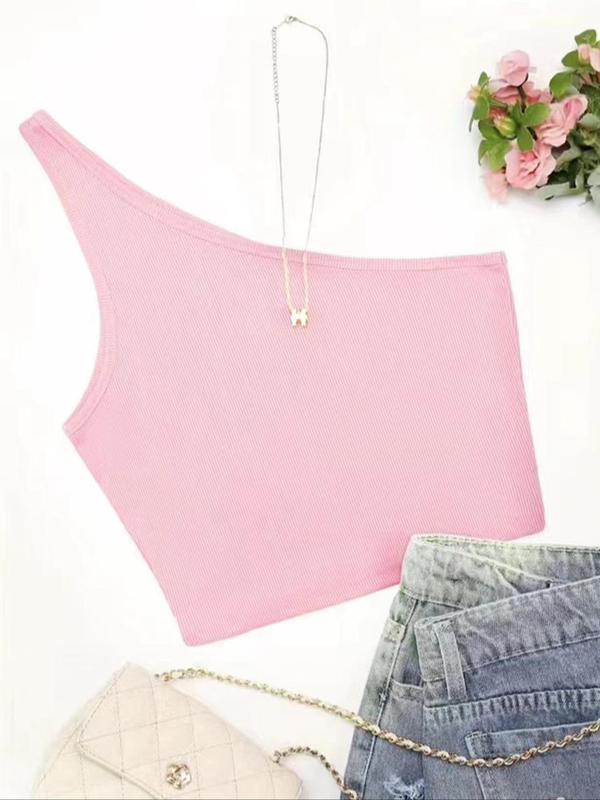 Women's Plain One Shoulder Crop Tank Top without Necklace, Summer Clothes Women, Casual Solid Color Sleeveless Ribbed Top for Summer, Women's Clothing for Daily Wear, Summer Outfits 2024