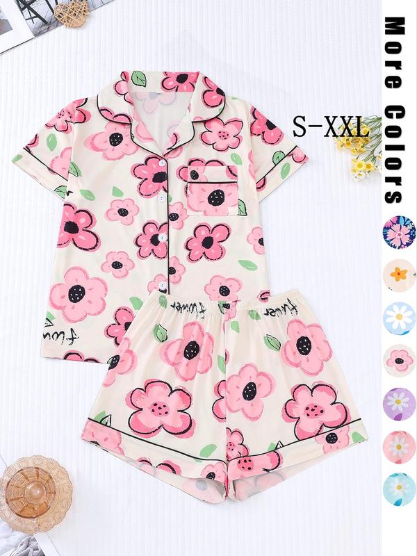 Two-Piece Set Women's Floral Print Button Front Sleep Shirt & Elastic Waist Shorts Pyjama Set, Casual Contrast Binding Pocket Lapel Top & Shorts Pj Set, Pajama Sets Women, Ladies Sleepwear for All Seasons