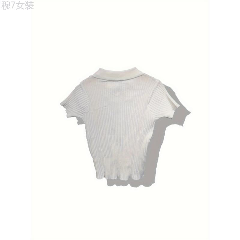 Ribbed Polo Collar Button Front T-Shirt, Casual Short Sleeve Top For Spring & Summer, Women's Clothing Fabric Womenswear