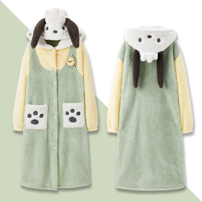 Soft cozy women robe, soft green color with cute dog ears and paws.pochacco