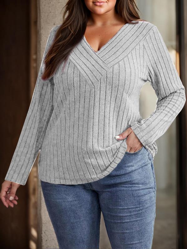 Plus Size Solid V Neck Ribbed Sweater Pullover, Casual Long Sleeve Jumper for Fall & Winter, Women's Plus Clothing for Daily Wear