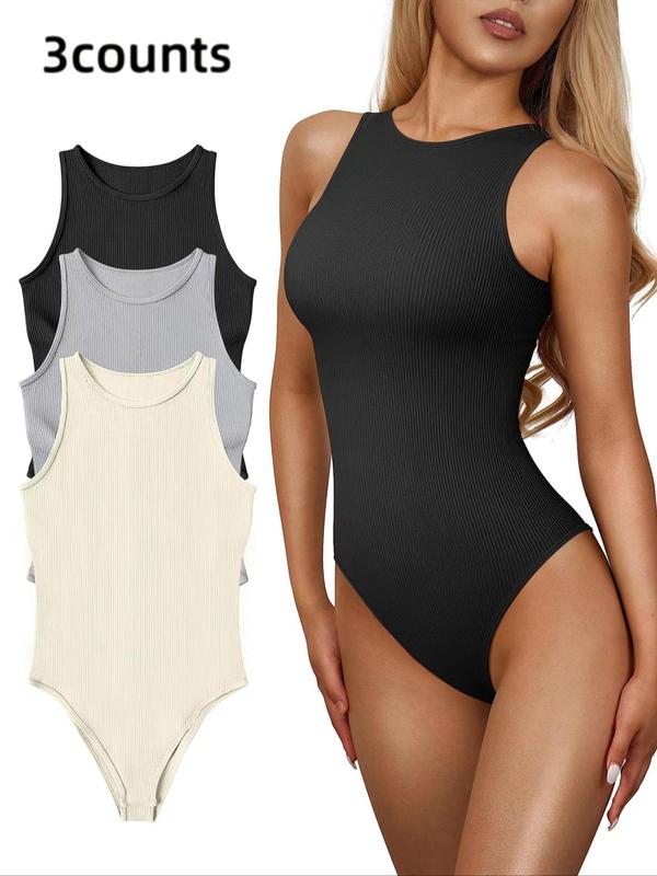 Women's Solid Round Neck Sports Bodysuit, Breathable Comfortable Sleeveless Tank Bodysuit for Yoga Gym Workout, Bodysuits for Women, Ladies Sportswear for All Seasons, Sports Onesies Outfits, Gym Clothing, Tummy Control Bodysuit