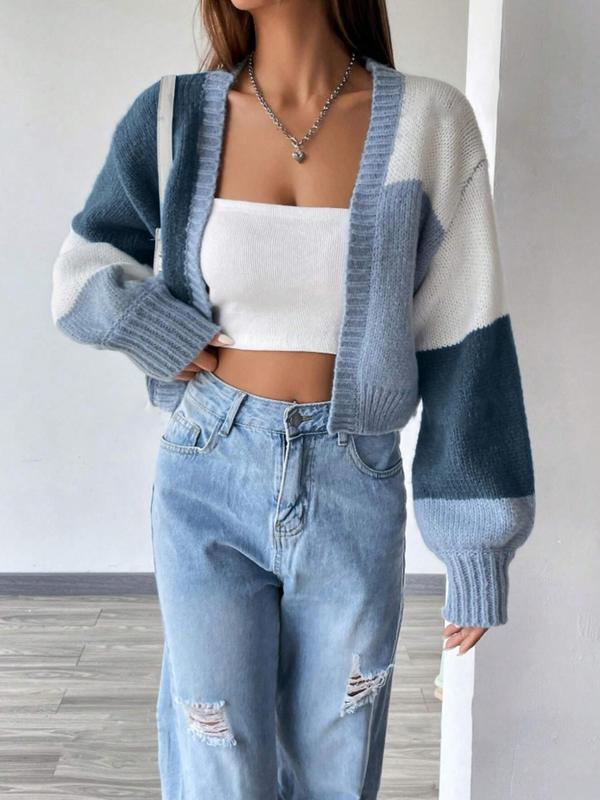 Women's Colorblock Print Drop Shoulder Cardigan, Lady Comfort Going Out Tops, Fall Outfits, Casual Long Sleeve Open Front Knitwear for Fall & Winter, Fashion Ladies' Knit Clothing for Daily Wear