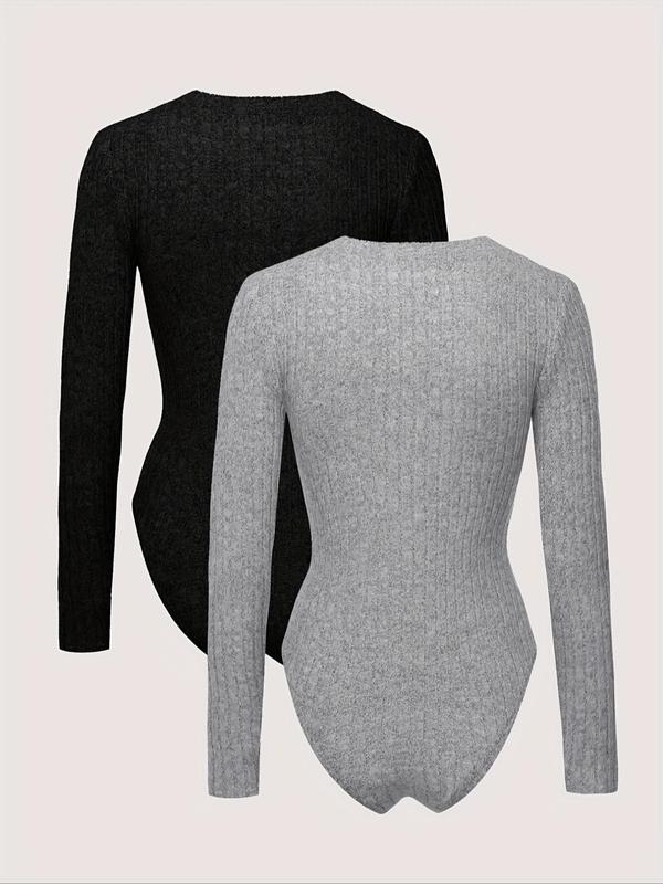 Women's Solid V Neck Long Sleeve Bodysuit, Casual Comfy Bodysuit for Fall & Winter, Ladies Clothes for Daily Wear