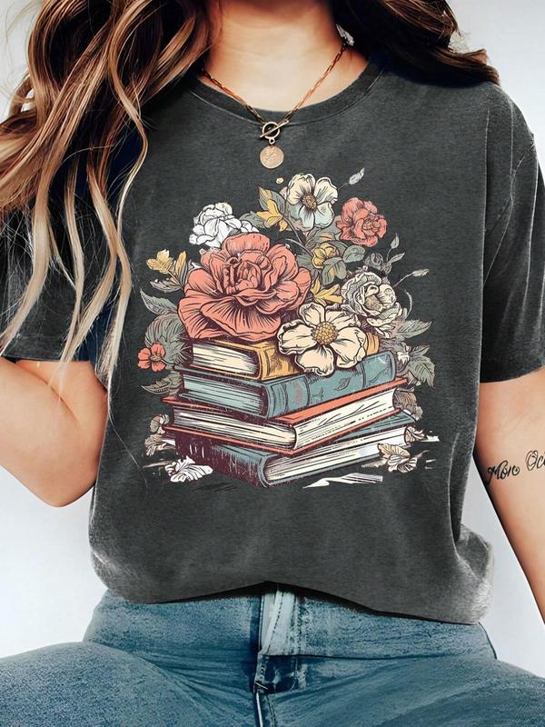 Women's Cartoon Floral & Books Print Round Neck Tee, Fashion Casual Short Sleeve T-shirt, Ladies Summer Clothes for Daily Wear