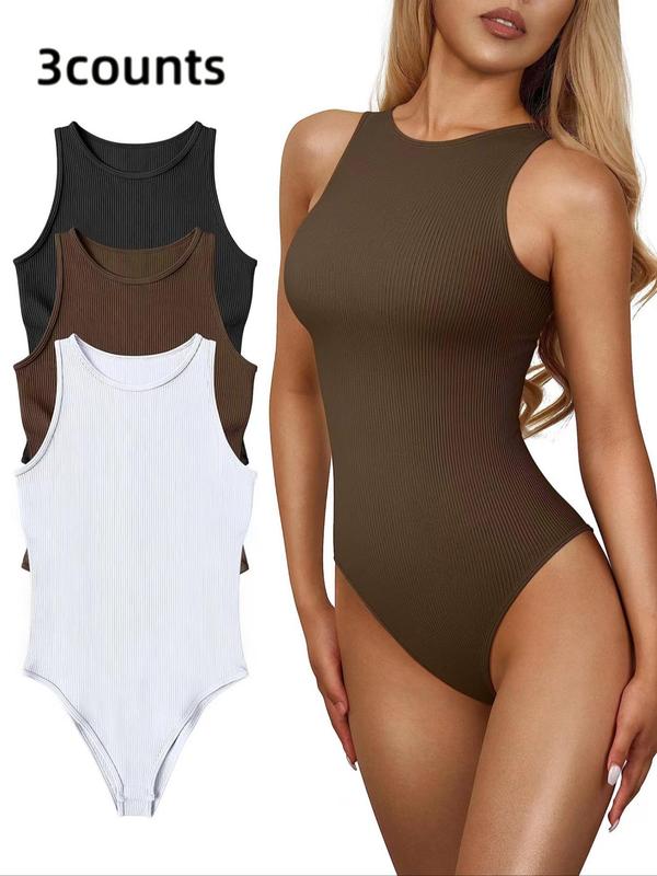 Women's Solid Round Neck Sports Bodysuit, Breathable Comfortable Sleeveless Tank Bodysuit for Yoga Gym Workout, Bodysuits for Women, Ladies Sportswear for All Seasons, Sports Onesies Outfits, Gym Clothing, Tummy Control Bodysuit