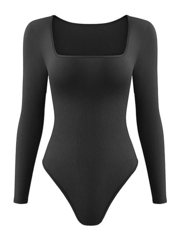 Women's Solid Square Neck Long Sleeve Shapewear Bodysuit, Casual Comfy Tummy Control Shaper for Daily Wear, Ladies Shapewear for All Seasons Longsleeves