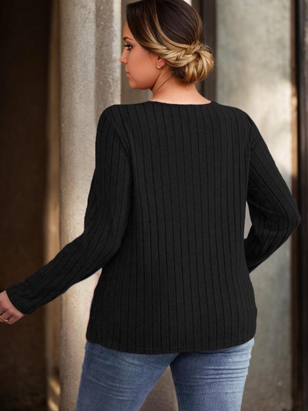 Plus Size Solid V Neck Ribbed Sweater Pullover, Casual Long Sleeve Jumper for Fall & Winter, Women's Plus Clothing for Daily Wear