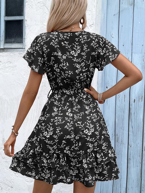 YOZY [2 colors] Ditsy Floral Print Dress  Boho Romantic Tiered Layer Wrap V Neck Belted Short A Line Dress, 2024 Women's Beach Holiday Vacation Wear for Spring & Summer