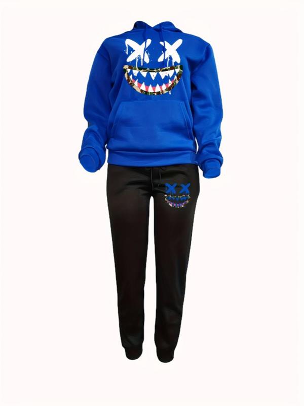 Two-Piece Set Women's Cartoon Expression Print Hoodie & Sweatpants Set, Two Piece Set Women, Casual Long Sleeve Hooded Sweatshirt & Drawstring Waist Pants, Ladies Spring & Fall Clothes