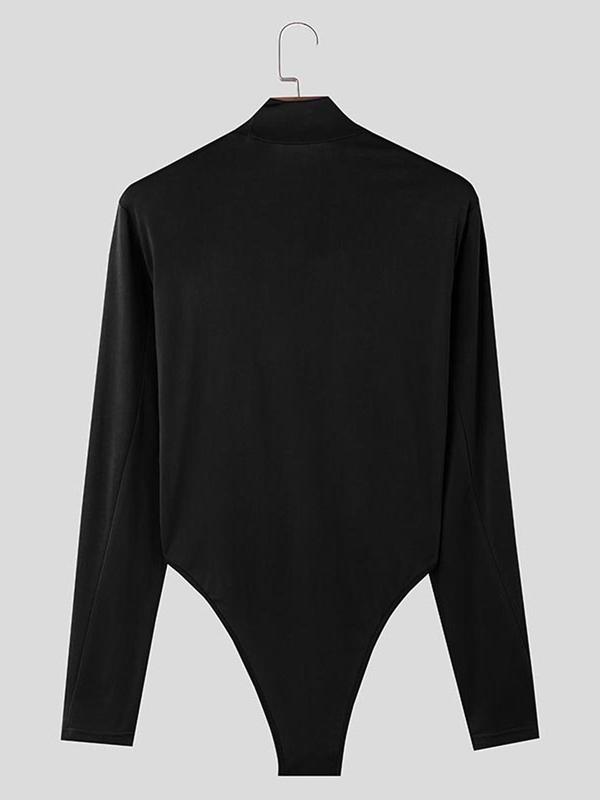 Men's Solid Thong Design High Neck Long Sleeve Bodysuit, Casual Comfy Button Closure Crotch Skinny Bodysuit for Daily Wear, Fashion Men's Clothes for All Seasons