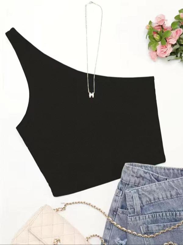 Women's Plain One Shoulder Crop Tank Top without Necklace, Summer Clothes Women, Casual Solid Color Sleeveless Ribbed Top for Summer, Women's Clothing for Daily Wear, Summer Outfits 2024