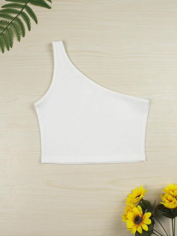 Women's Plain One Shoulder Crop Tank Top without Necklace, Summer Clothes Women, Casual Solid Color Sleeveless Ribbed Top for Summer, Women's Clothing for Daily Wear, Summer Outfits 2024