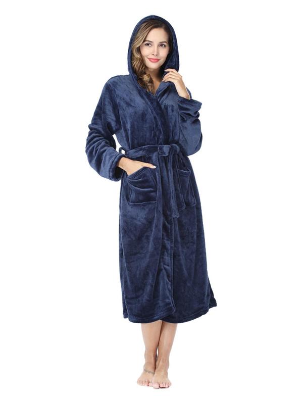 Women Solid Pocket Belted Hooded Robe, Girly Night Clothes, Casual Long Sleeve Fuzzy Dressing Gown for Daily Wear, Women Sleepwear for Fall Winter, Cold Weather Gear, Womenswear, Fall Wear, Fallfreshness, House Coat