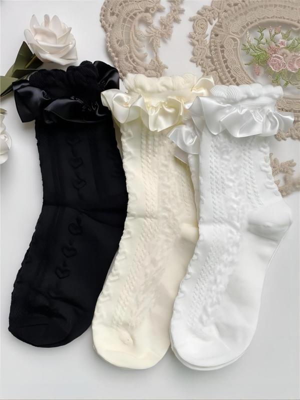 Women's 3 Pairs Plain Lace Trim Crew Socks, Korean Outfits, Romantic Comfy Soft Socks for Daily Wear, Women's Korean Streetwear Socks for All Seasons