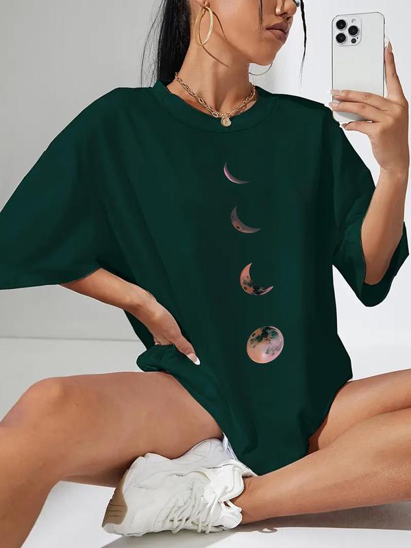 Women's Moon Print Round Neck Tee, Casual Half Sleeve Crew Neck T-shirt for Daily Wear, Tee Shirts for Lady, Summer Tops, Summer Clothes, Ladies Clothing for All Seasons, 90s Clothes