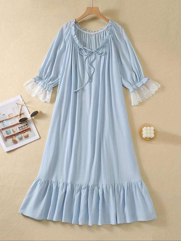 Women's Contrast Lace Frill Ruffle Hem Tie Neck Nightdress, Casual Soft Comfortable Colorblock Flounce Sleeve Nightgown for Summer, Fashion Ladies' Sleepwear for Daily Wear