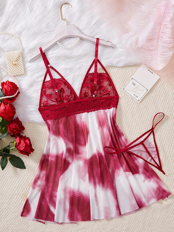 Women's Tie Dye Print Contrast Floral Lace Cami Nightdress & Thong Two-piece Set, Adjustable Spaghetti Strap Bow Decor Nightgown & Panty, Sleepwear Set for Women