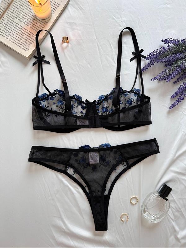 Women's Floral Embroidery Sheer Sexy Lingerie Set, Girly Clothes, Adjustable Strap Bow Decor Underwire Bra & Thong, Summer Wear 2024, Soft Comfy Breathable Lingerie Set, Women's 2 Piece Sets 2000s Wear