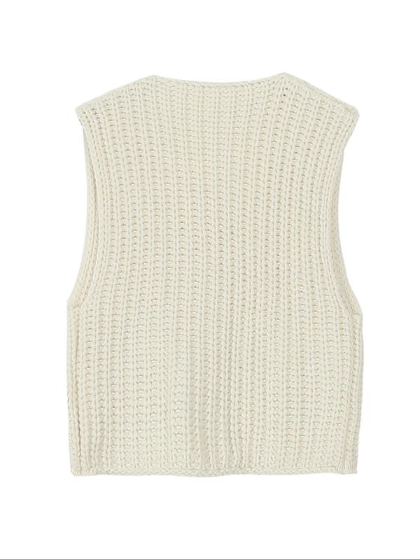 Women's Plain Button Front Pocket Cable Knit Vest Sweater, Casual Sleeveless Round Neck Jumper Vest for Fall, Fashion Women's Knitwear for Daily Wear