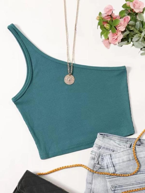 Women's Plain One Shoulder Crop Tank Top without Necklace, Summer Clothes Women, Casual Solid Color Sleeveless Ribbed Top for Summer, Women's Clothing for Daily Wear, Summer Outfits 2024