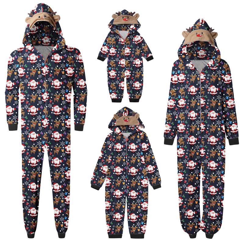 Family Matching Christmas Jumpsuits Pajamas Letter Santa Tree Print Hooded Long Sleeve Playsuits Autumn Zipper Long Rompers