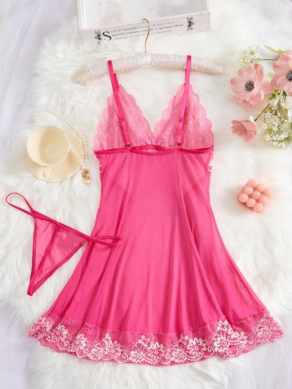 Women's Sheer Sexy Tulle Lingerie Set, Chic Contrast Lace Bow Decor Cami Nightdress & Thong, Ladies Sleepwear Set for All Seasons