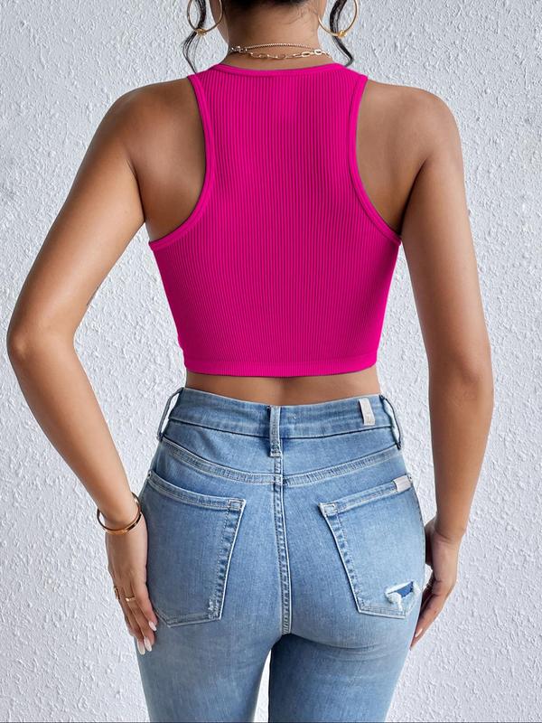 Women's Plain Round Neck Crop Tank Top without Necklace, Casual Sleeveless Ribbed Top for Summer, Women's Clothing for Daily Wear, Going Out Outfits 2024, Downtown Girl Clothes