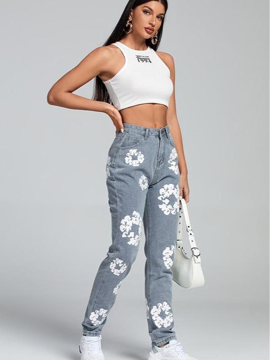 Daisy print high waisted straight Jeans Womenswear Bottom Denim Pants Casual Underwear Lady casual jean