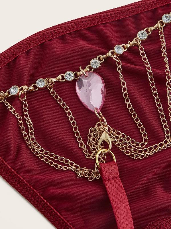 Women's Rhinestone Decor Chain Linked Thong, Casual Comfy Breathable Panty for Daily Wear, Ladies Underwear for All Seasons