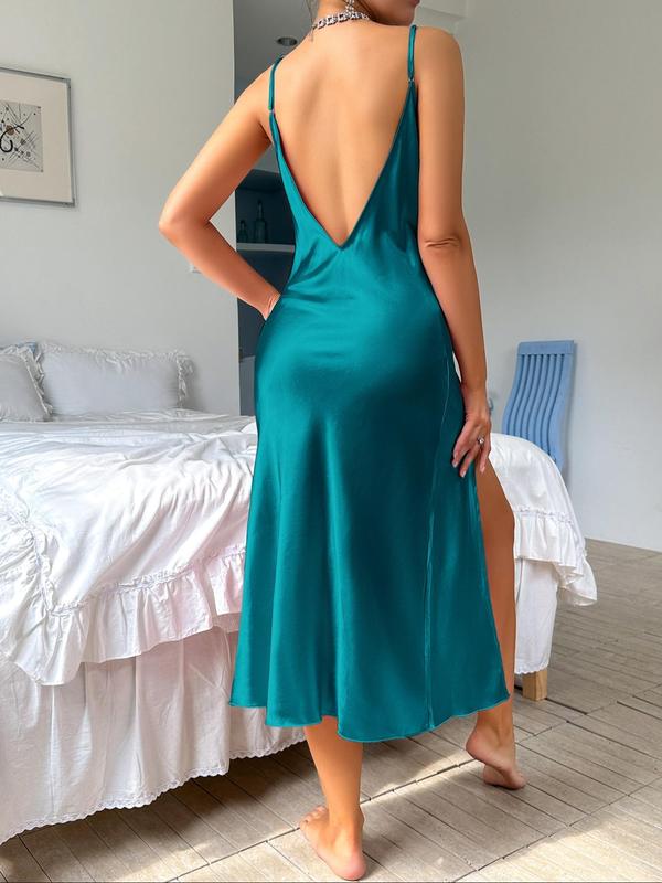 Women's Solid Backless Split Thigh Satin Nightdress, Casual Comfy Draped Cami Nightgown for All Seasons, Fashion Ladies' Sleepwear for Daily Wear