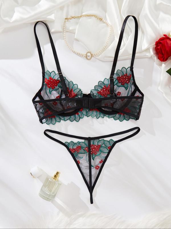 Women's Floral Embroidery Sexy Lingerie Set, Adjustable Spaghetti Strap Bra & Sheer Thong Two-piece Lingerie Wear Set, Lingerie & Underwear Set for All Seasons,  Sleepwear, Nightwear, Sexy Lingeries