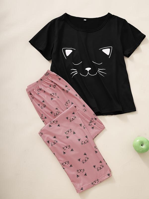 Women's 2pcs Cartoon Cat Print Tee & Elastic Waist Pants Pyjama Set, Casual Comfy Round Neck Short Sleeve T-shirt & Trousers Loungewear Set, Ladies Summer Sleepwear