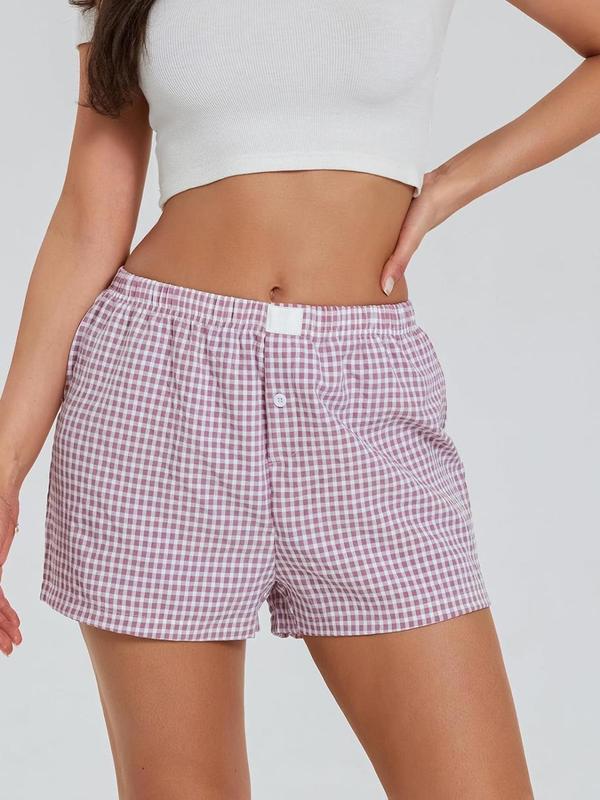 Women's Plaid Print Patched Button Shorts, Casual Comfy Elastic Waist Shorts for Daily Wear, Ladies Bottoms for All Seasons