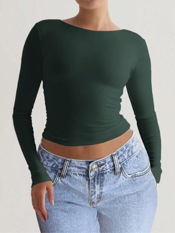 Women's Solid Backless Round Neck Crop Tee, Casual Long Sleeve T-shirt for Daily Wear, Ladies Clothes for All Seasons Downtown Girl Clothes Downtown Girl Clothes, Going out Tops 2000s