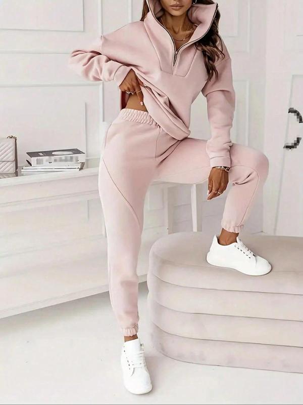 Women's Solid Drop Shoulder Zipper Sweatshirt & Elastic Waist Sweatpants Two-piece Set, Casual Fashion Cozy Two Piece Outfits for Daily Outdoor Wear, Women Clothes for Fall & Winter