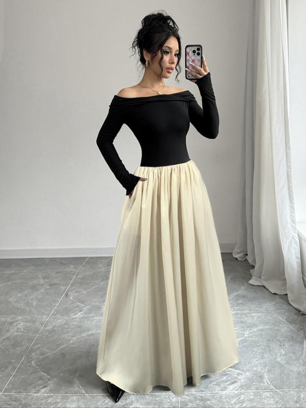 Women's Plain Off Shoulder Pocket Skirt, Elegant Solid Color Long Sleeve Skirt for Party Holiday Wedding Guest, Ladies Fall & Winter Clothes