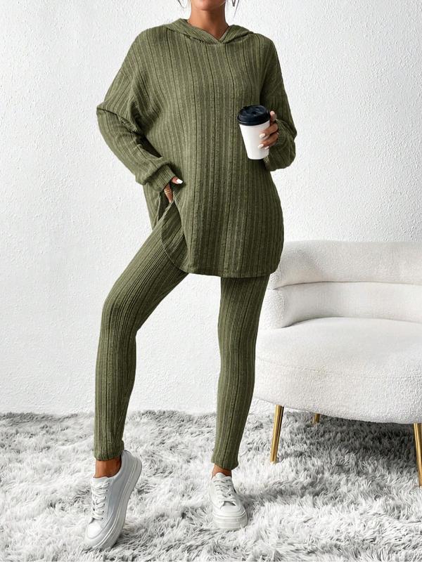 Women's Solid Ribbed Hooded Tee & Skinny Pants Two-piece Set, Casual Drop Shoulder Long Sleeve Top & Trousers for Spring & Fall, Women's Clothes for Daily Wear