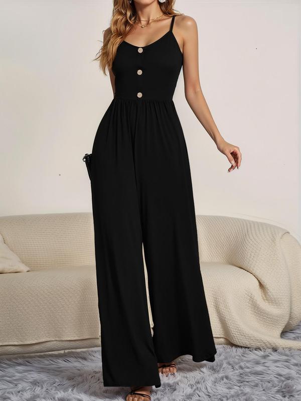 Women's Solid Backless Button Front Wide Leg Jumpsuit, Casual Adjustable Strap High Waist Jumpsuit for Daily Wear, Ladies Clothes for All Seasons