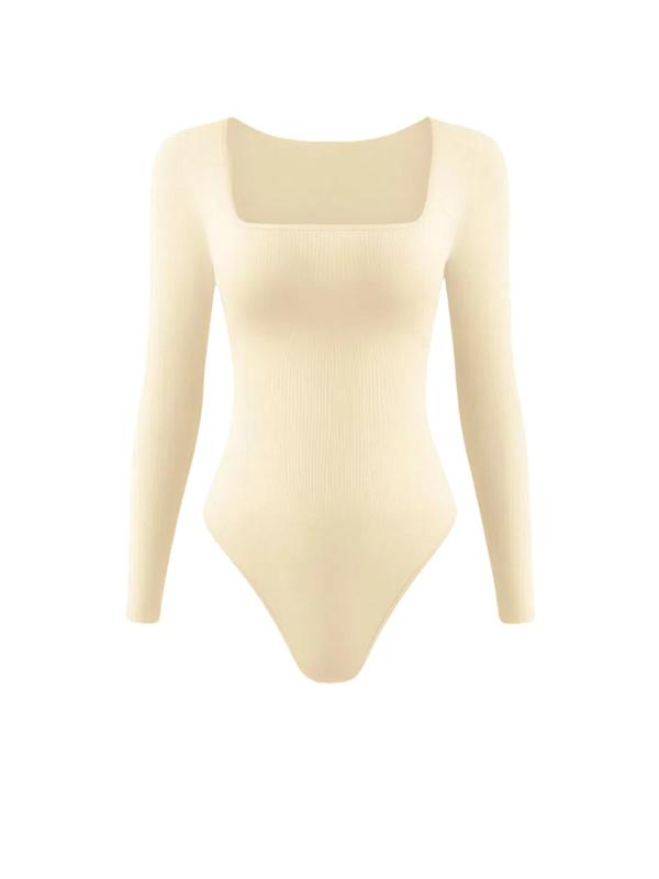 Women's Solid Square Neck Long Sleeve Shapewear Bodysuit, Casual Comfy Tummy Control Shaper for Daily Wear, Ladies Shapewear for All Seasons Longsleeves