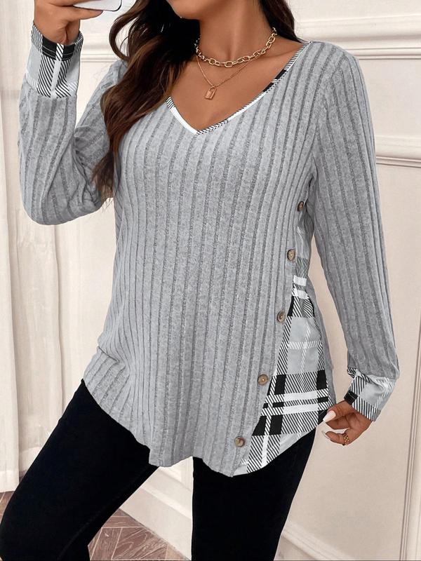  Patchwork Plaid Print Button Front V Neck Tee, Casual Long Sleeve T-shirt for Fall & Winter, Women's Clothing for Daily Wear