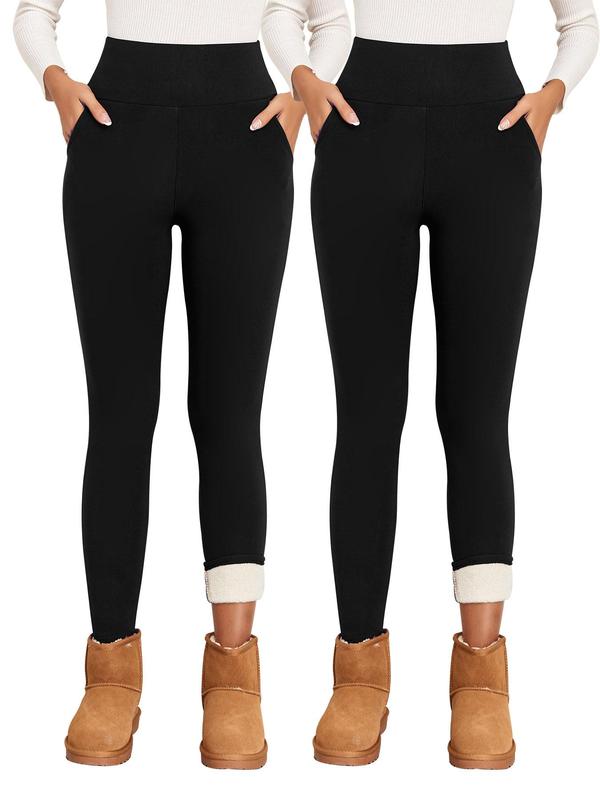 Plain Pocket High Waist Thermal Lined Leggings for Women, Casual Comfy Warm Skinny Yoga Pants for Daily Wear,  Leggings for Women, Ladies Bottoms for Fall, Tummy Control Legging, Women's Clothing