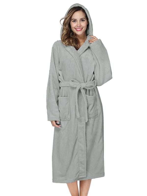 Women Solid Pocket Belted Hooded Robe, Girly Night Clothes, Casual Long Sleeve Fuzzy Dressing Gown for Daily Wear, Women Sleepwear for Fall Winter, Cold Weather Gear, Womenswear, Fall Wear, Fallfreshness, House Coat