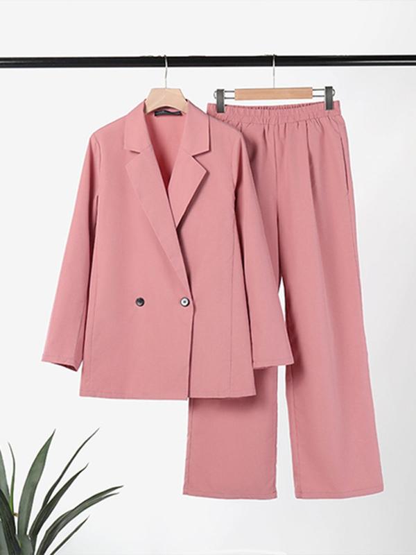 Women's Solid Double Button Lapel Neck Blazer & Pocket Pants Two-piece Set, Elegant Fashion Casual Two Piece Outfits for Work Office Business, Ladies Fall & Winter Clothes