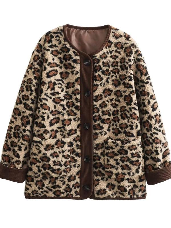 Women's Leopard Print Button Front Pocket Fuzzy Jacket, Casual Long Sleeve Outerwear for Fall & Winter, Ladies Clothes for Daily Wear