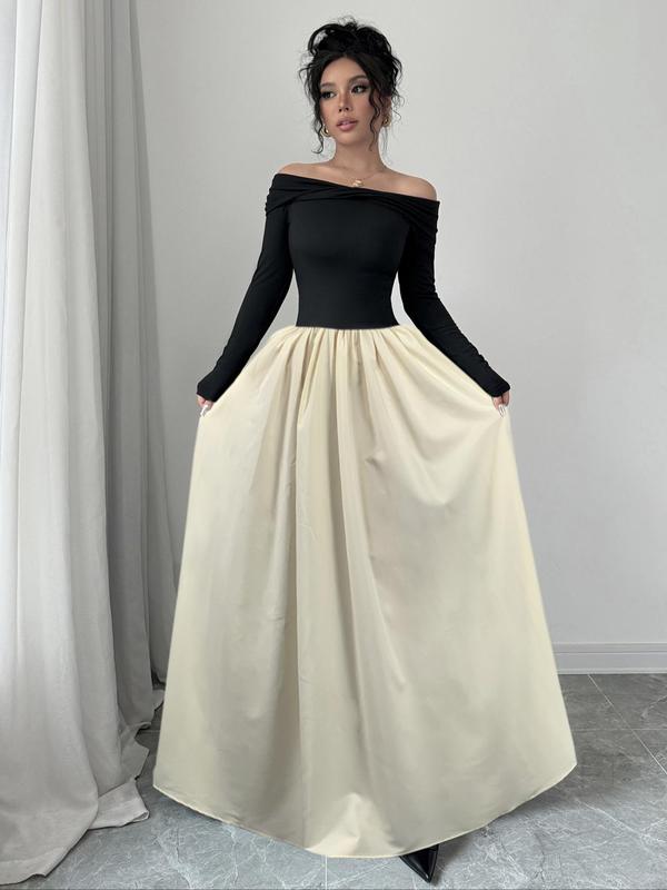 Women's Plain Off Shoulder Pocket Skirt, Elegant Solid Color Long Sleeve Skirt for Party Holiday Wedding Guest, Ladies Fall & Winter Clothes