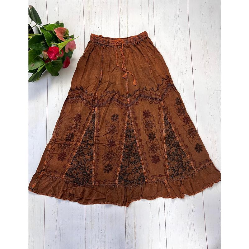 Pari Vintage Vibe Brown Embroidery Maxi Skirt