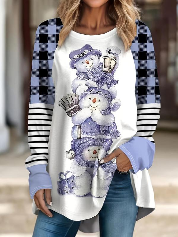  Plaid & Striped & Snowman Print Raglan Sleeve Tee, Casual Long Sleeve Round Neck T-shirt for Daily Wear, Women Clothing for All Seasons